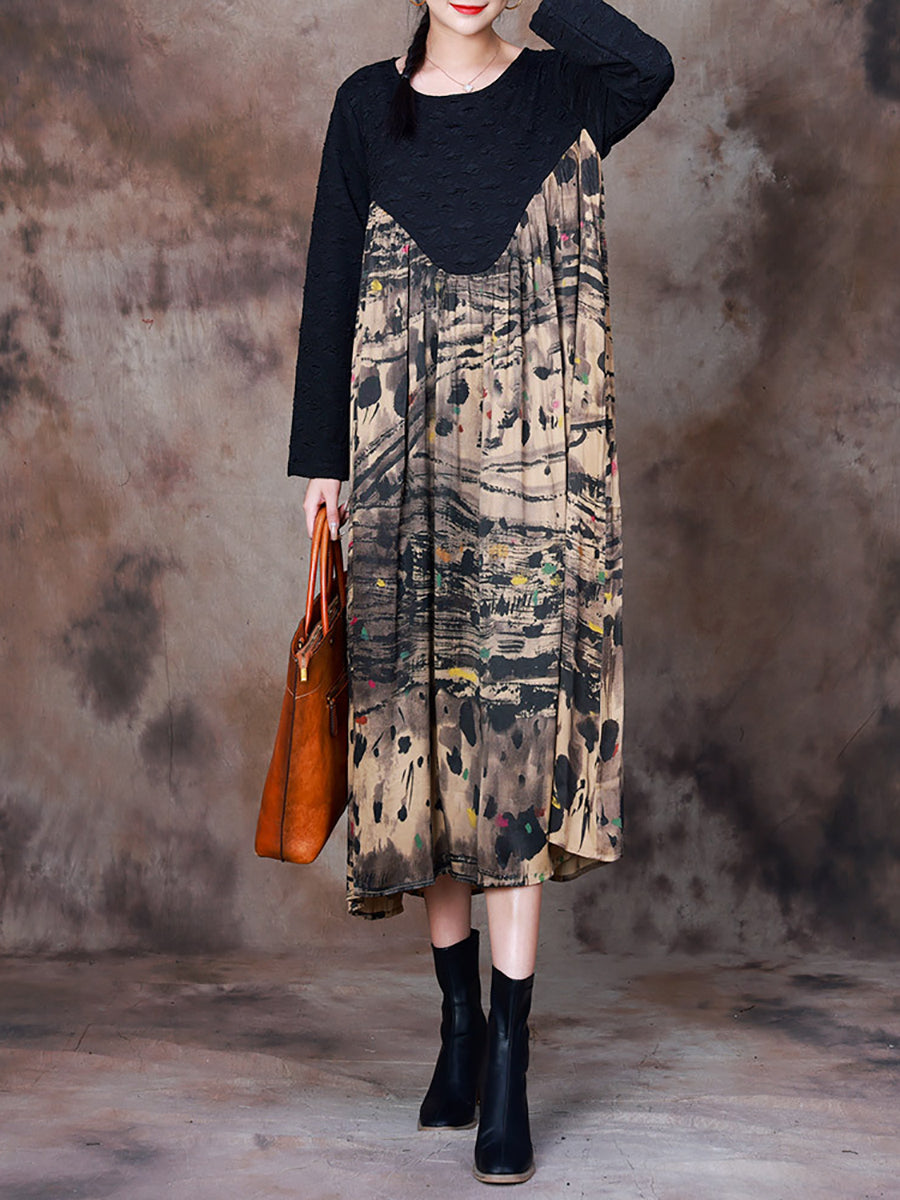 Plus Size Women Fall Vintage Ink-print Spliced Dress