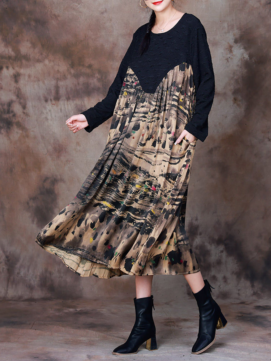 Plus Size Women Fall Vintage Ink-print Spliced Dress