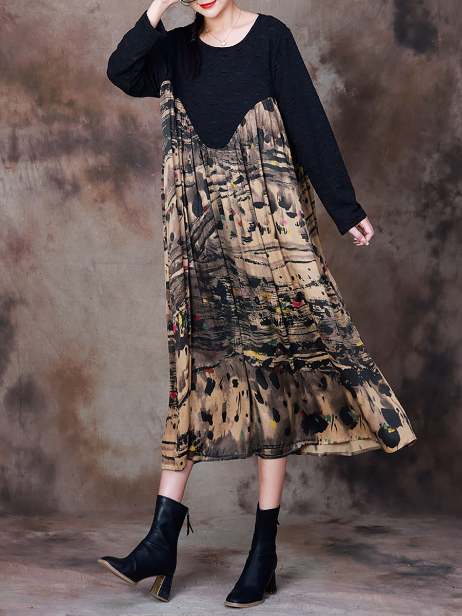 Plus Size Women Fall Vintage Ink-print Spliced Dress