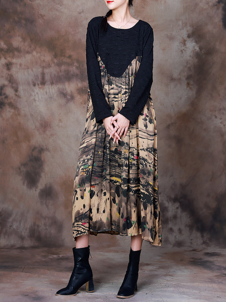 Plus Size Women Fall Vintage Ink-print Spliced Dress