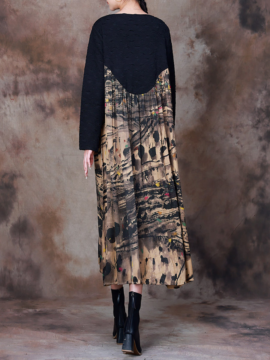 Plus Size Women Fall Vintage Ink-print Spliced Dress