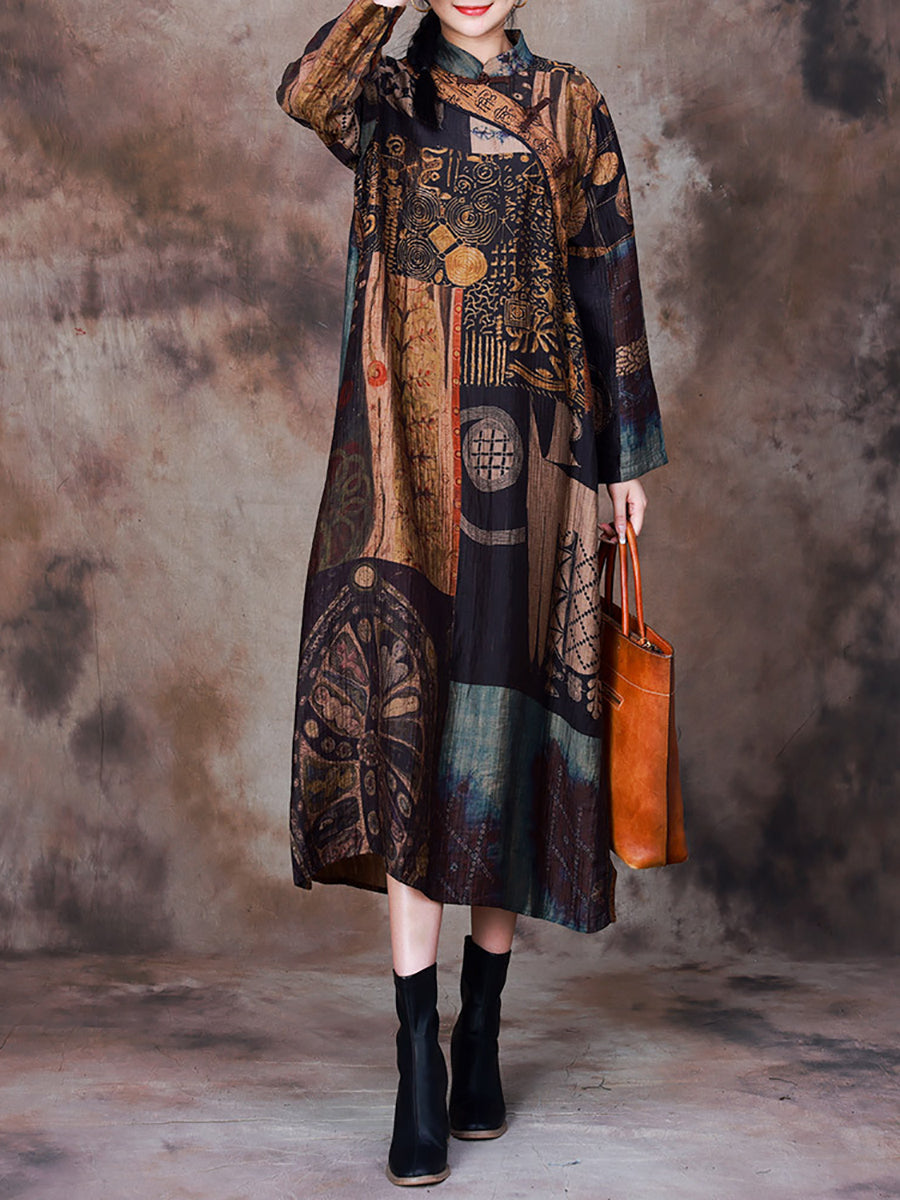 Vintage Print Spliced Fall Robe Dress Long Sleeve