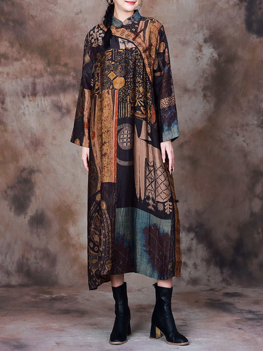 Vintage Print Spliced Fall Robe Dress Long Sleeve