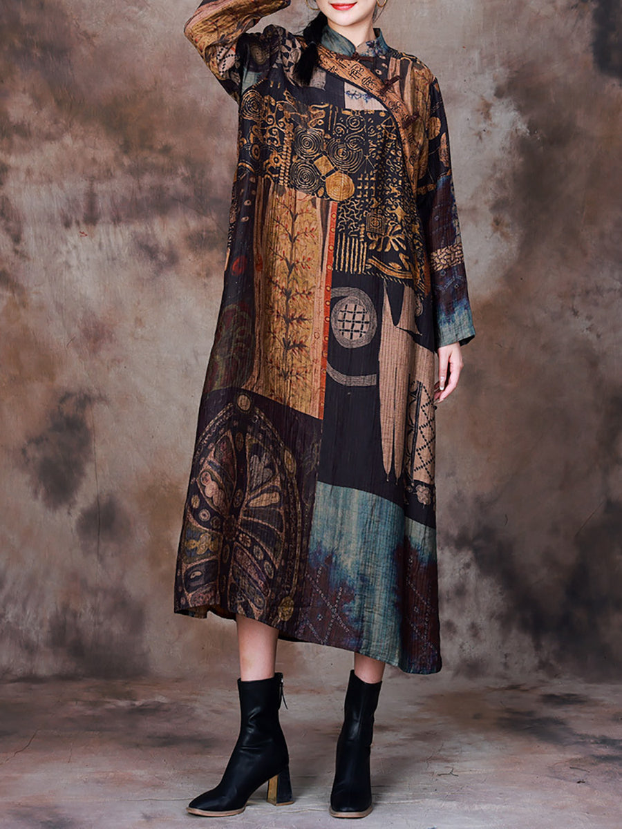 Vintage Print Spliced Fall Robe Dress Long Sleeve