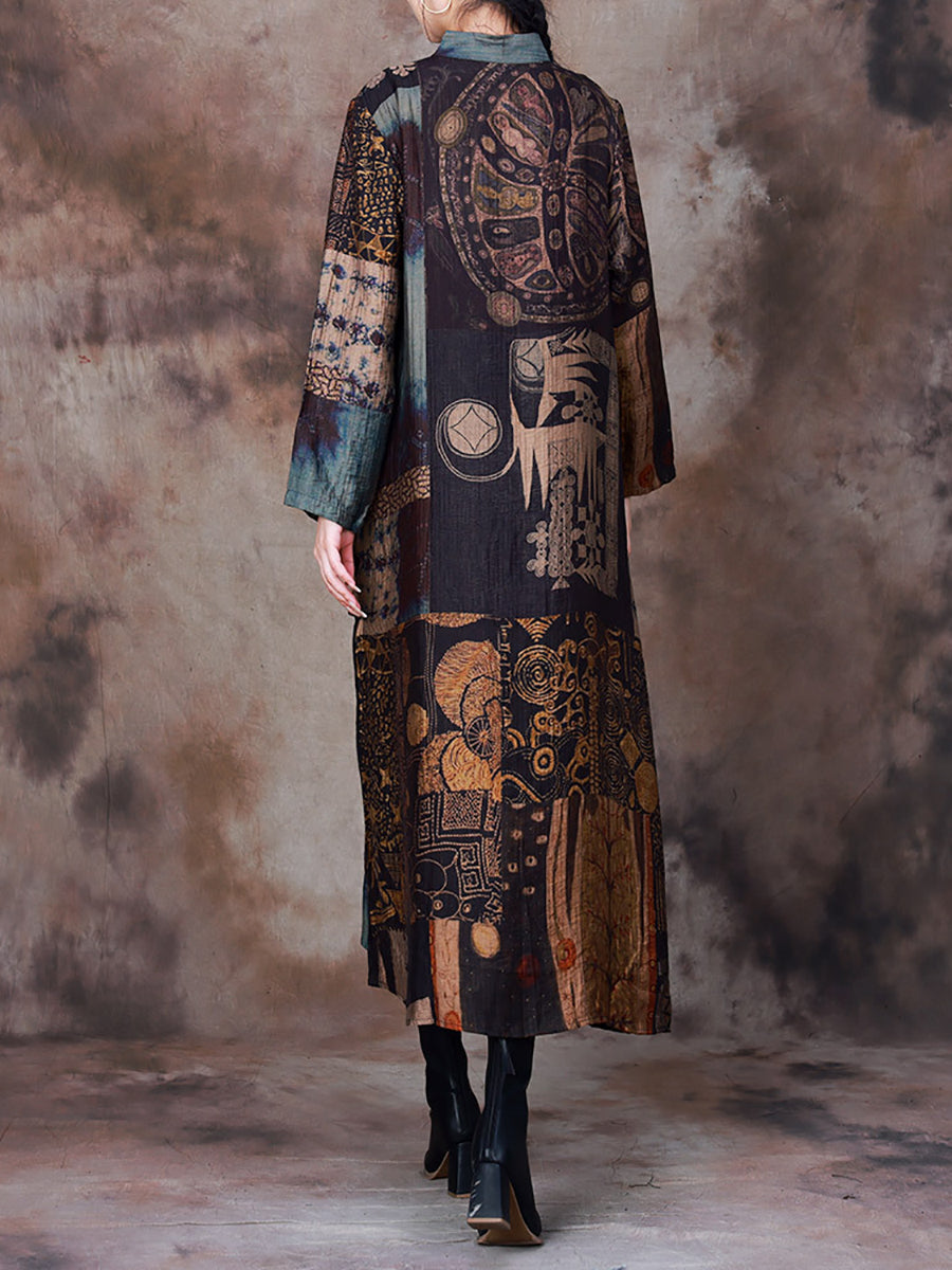 Vintage Print Spliced Fall Robe Dress Long Sleeve