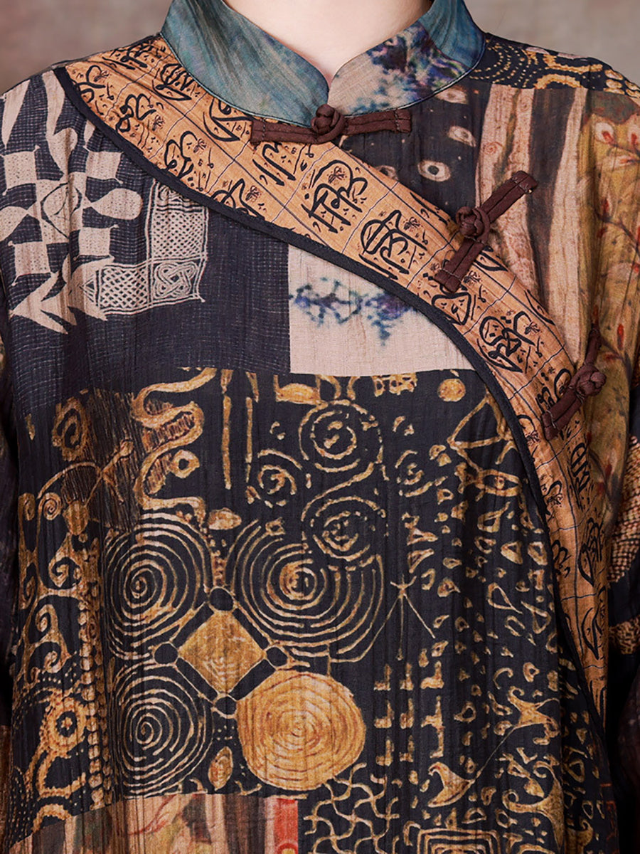 Vintage Print Spliced Fall Robe Dress Long Sleeve