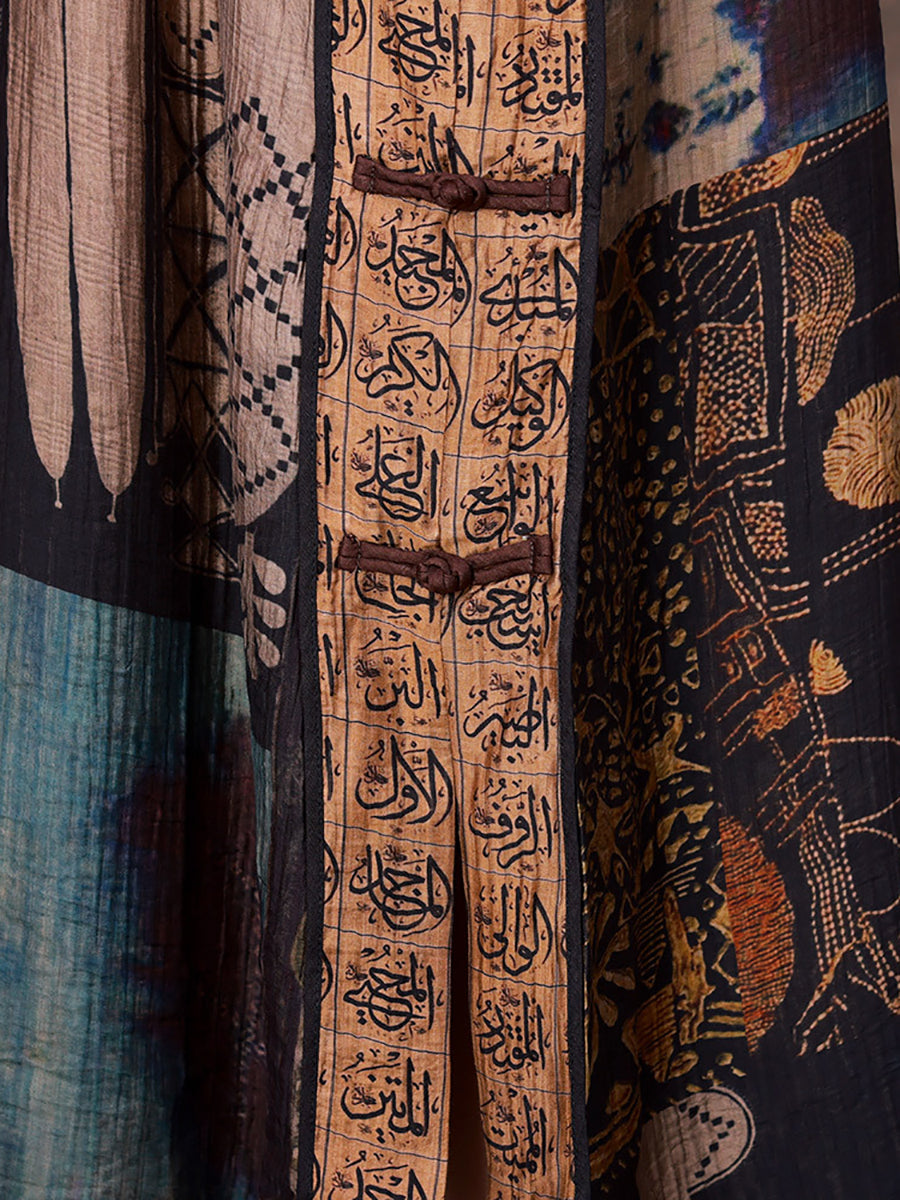 Vintage Print Spliced Fall Robe Dress Long Sleeve