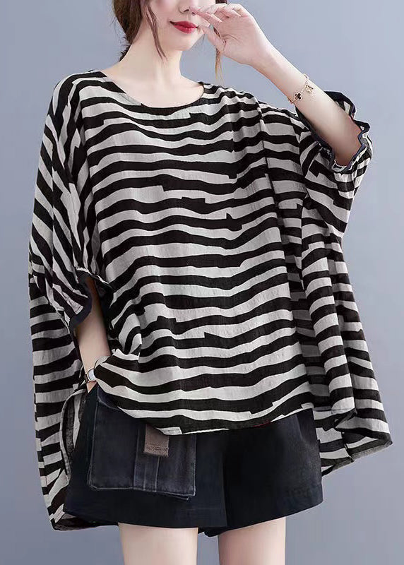 Boutique Black Striped Asymmetrical Patchwork Cotton Top Short Sleeve