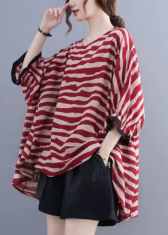 Boutique Black Striped Asymmetrical Patchwork Cotton Top Short Sleeve