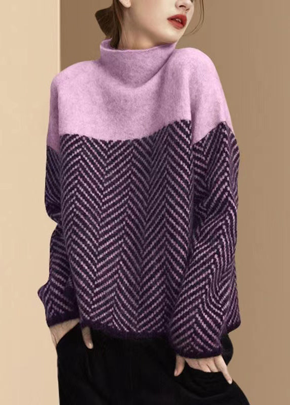 Fashion purple Turtle Neck Patchwork Knit Pullover Winter