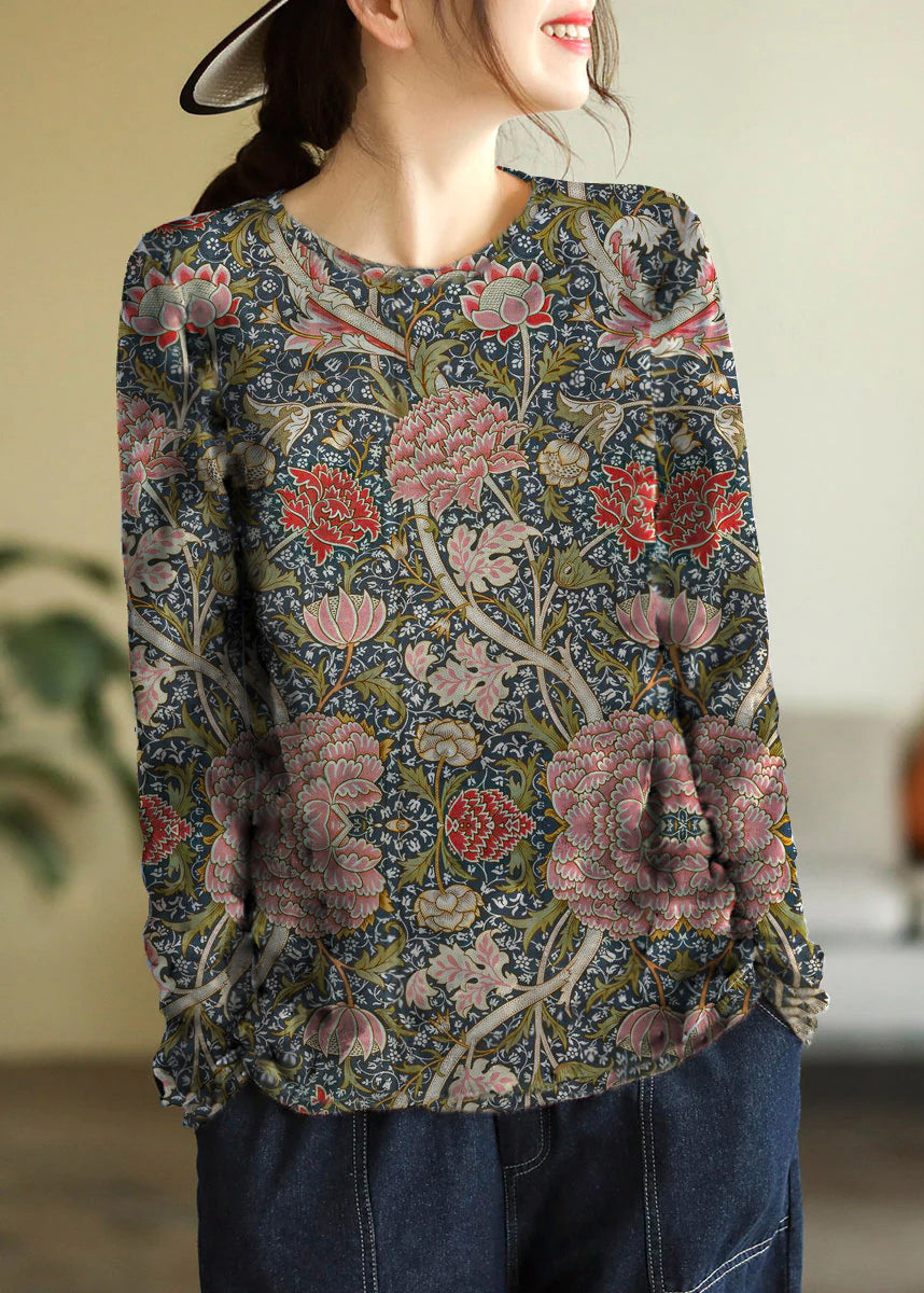 Elegant Beige O-Neck Print Cotton Knitted Top Long Sleeve