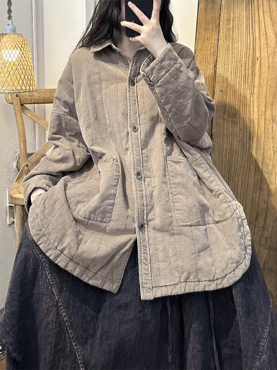 Retro Red Colorblock Corduroy Shirt Pocket Coat