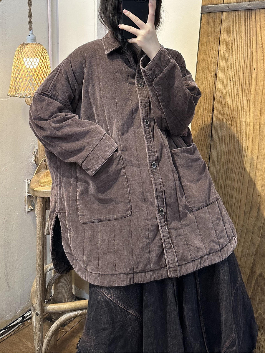 Retro Red Colorblock Corduroy Shirt Pocket Coat