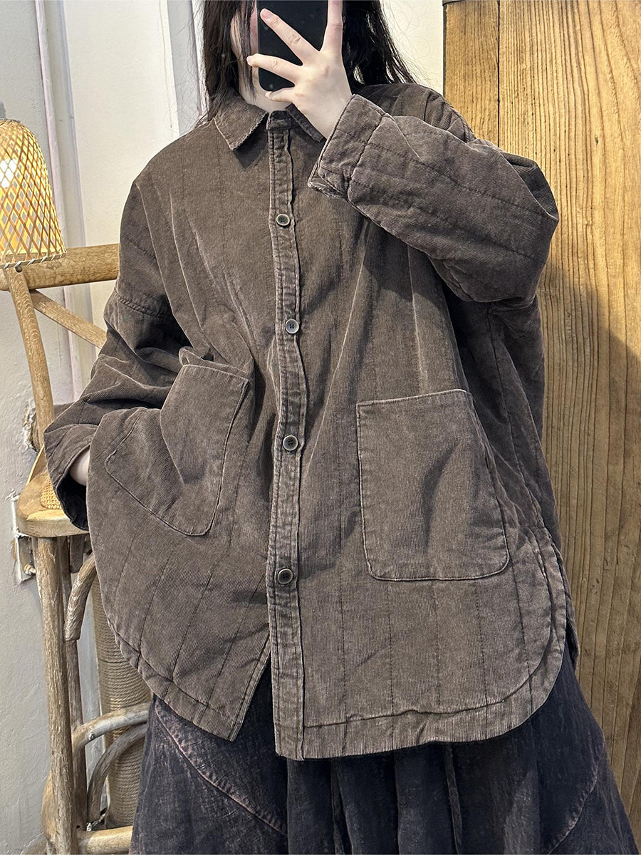 Retro Red Colorblock Corduroy Shirt Pocket Coat