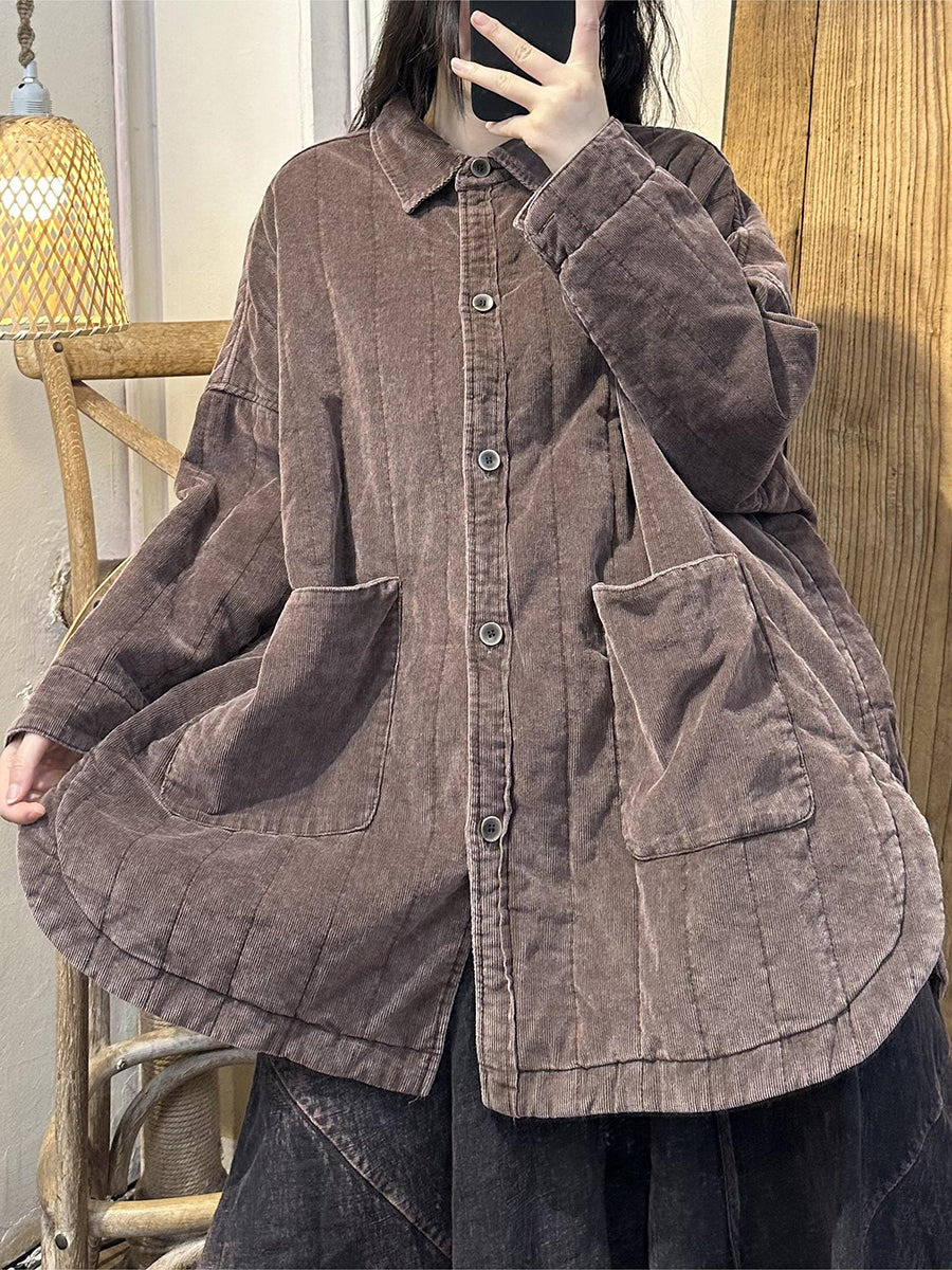 Retro Red Colorblock Corduroy Shirt Pocket Coat