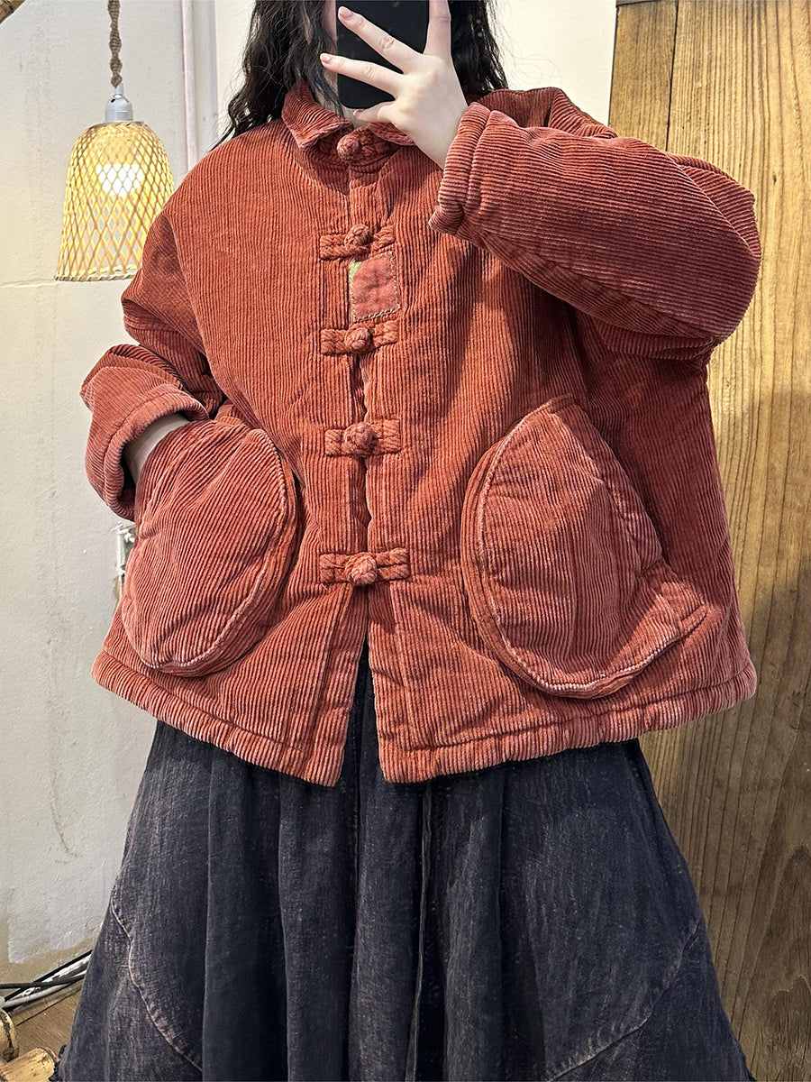 Solid Color Corduroy Buckle Vintage Cotton Coat
