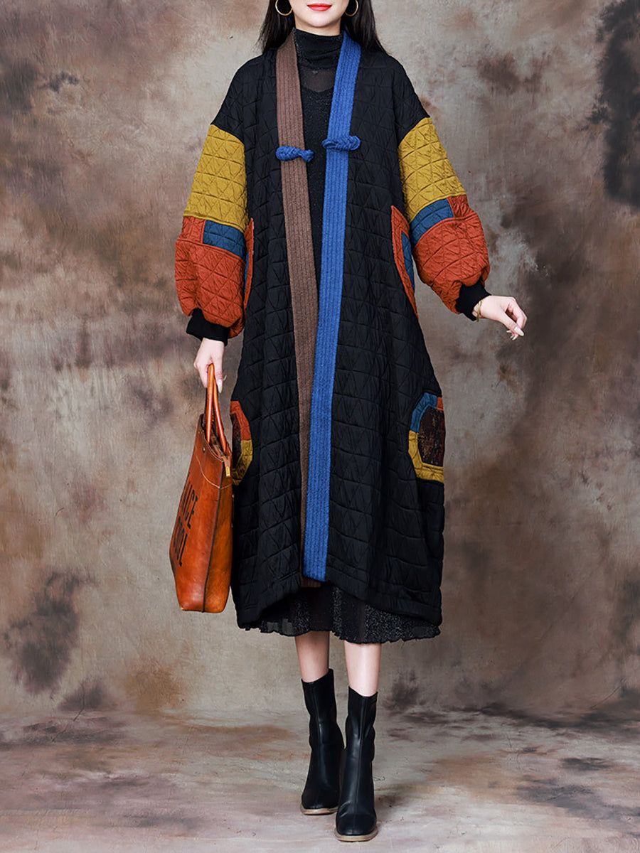 Women Artsy Colorblock V-neck Long Coat