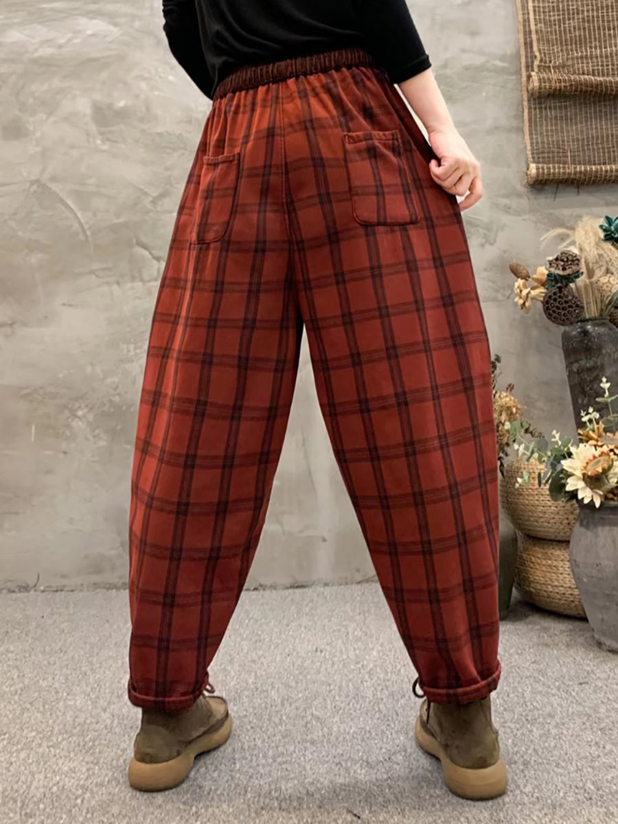 Plus Size Women Vintage Plaid Pocket Fleece-Lined Pants