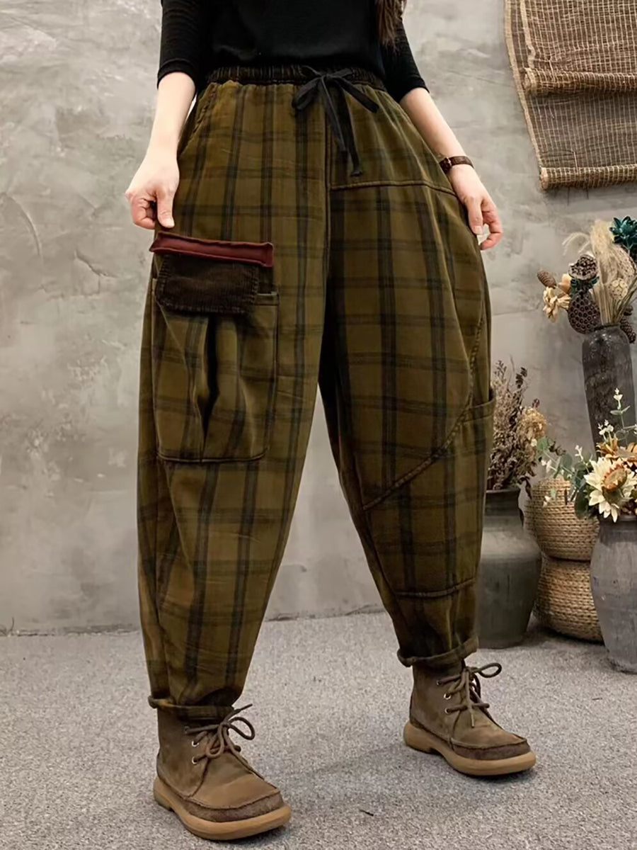 Plus Size Women Vintage Plaid Pocket Fleece-Lined Pants