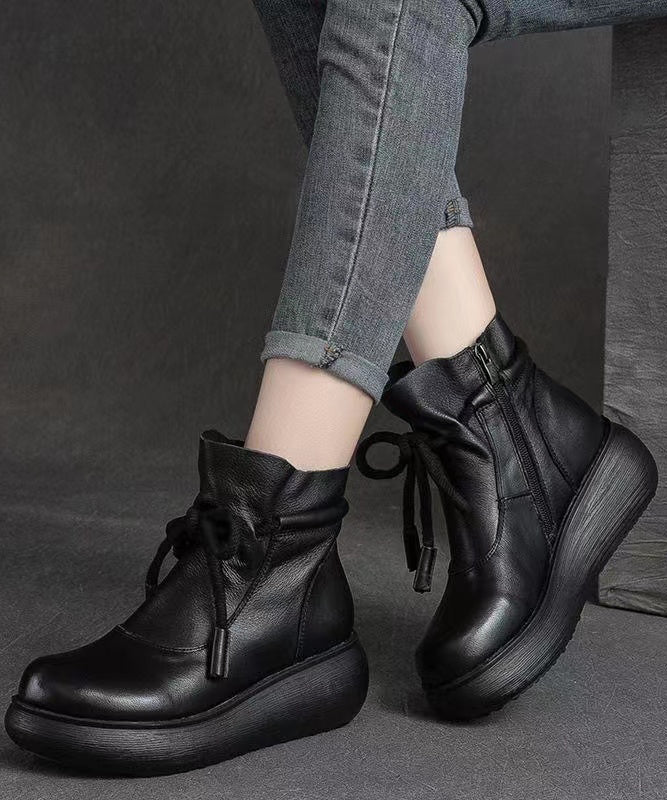 2024 Lace Up Zippered Splicing Platform Boots Black Cowhide Leather
