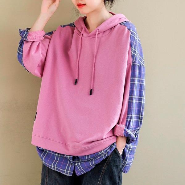 Style Plaid Patchwork Female Hooded Pullovers - Omychic