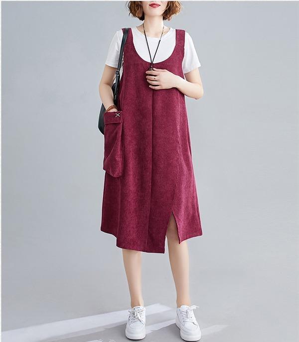 sleeveless plus size corduroy vintage women casual loose midi autumn spring elegant party dress clothes - Omychic