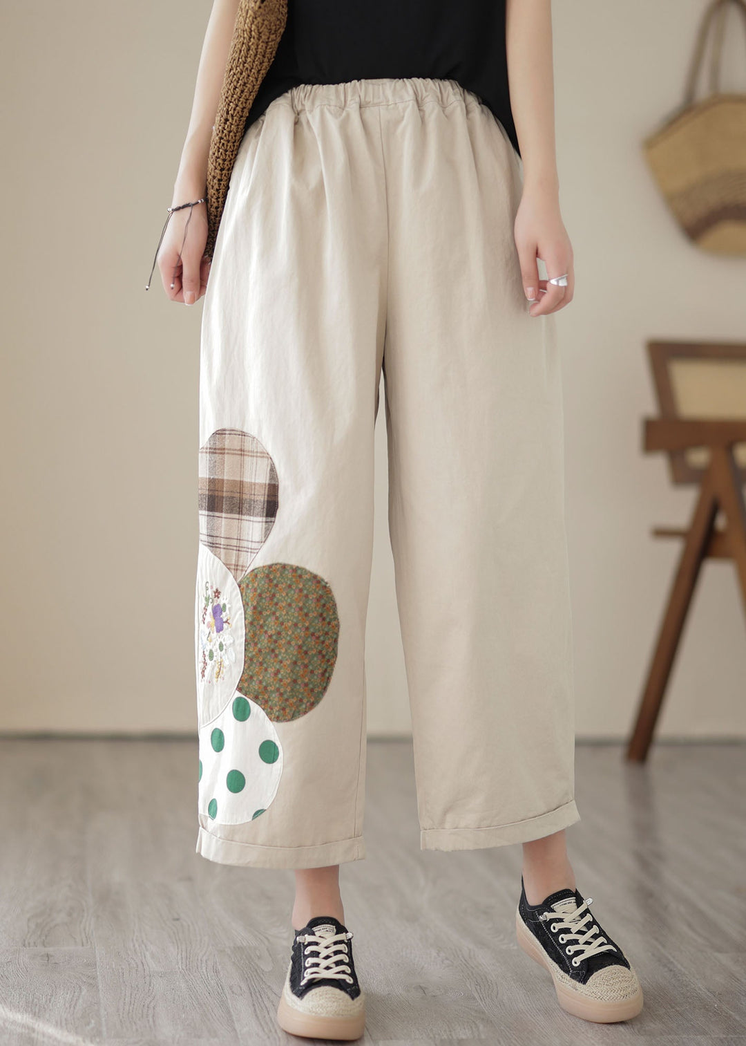 Apricot Pockets Patchwork Cotton Straight Crop Pants Embroidered Summer