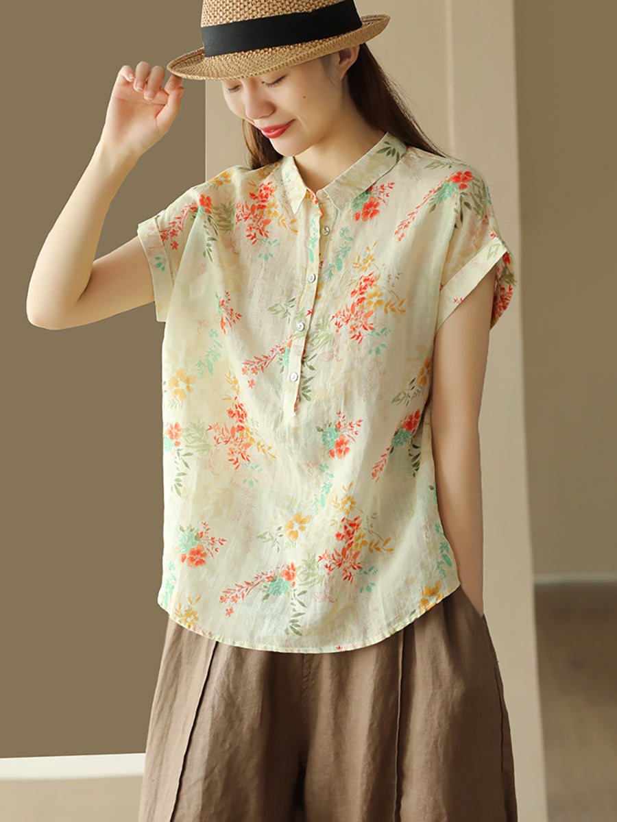 Women Summer Vintage Geometric Print Button Linen Shirt