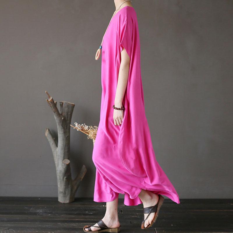 Women Cotton Short Sleeve Plain Pink Loose Dress - Omychic
