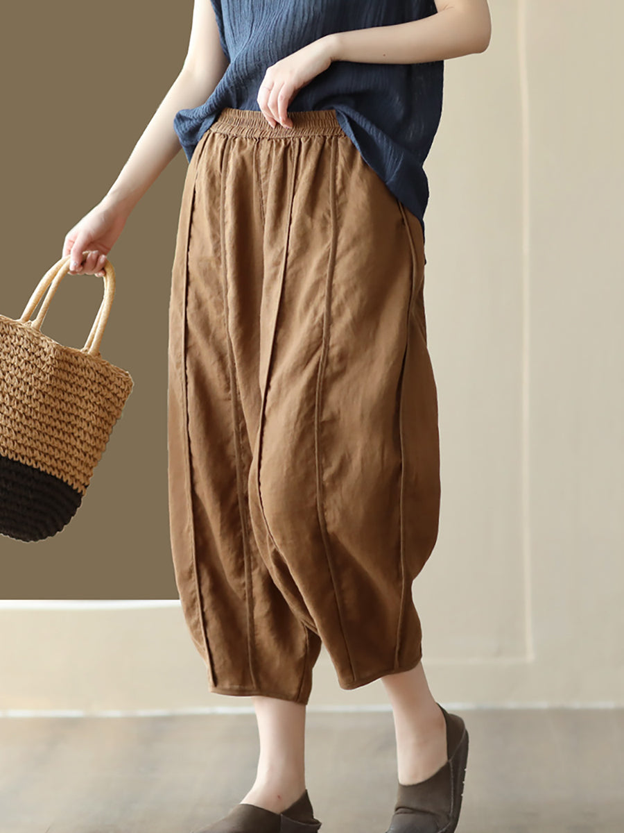 Summer Solid Color Spliced Linen Loose Harem Pants