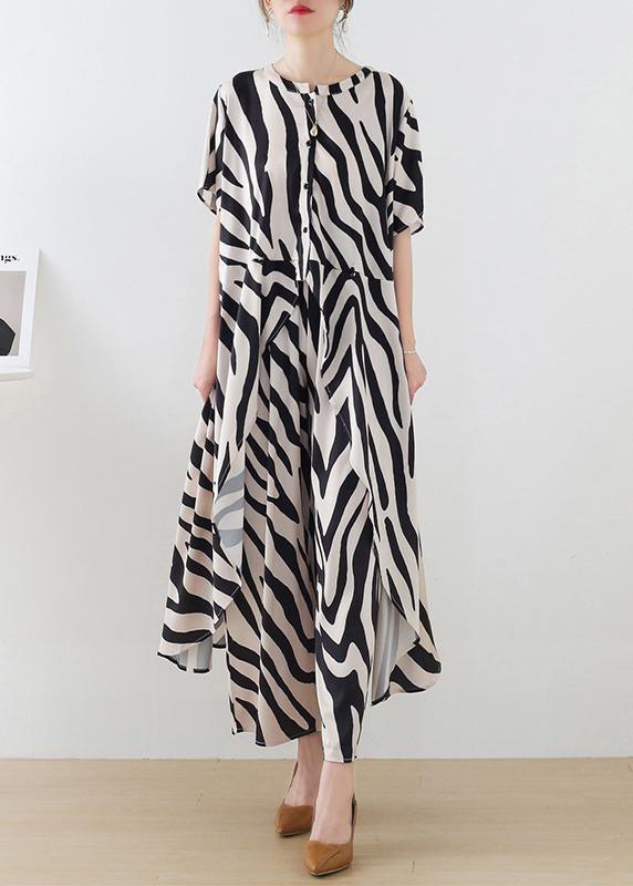 2021 Summer Suit Zebra Stripe Silk Wide Leg Pants Irregular Two Piece Set - Omychic