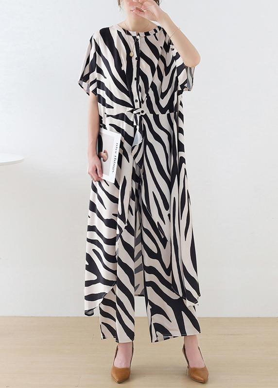 2021 Summer Suit Zebra Stripe Silk Wide Leg Pants Irregular Two Piece Set - Omychic