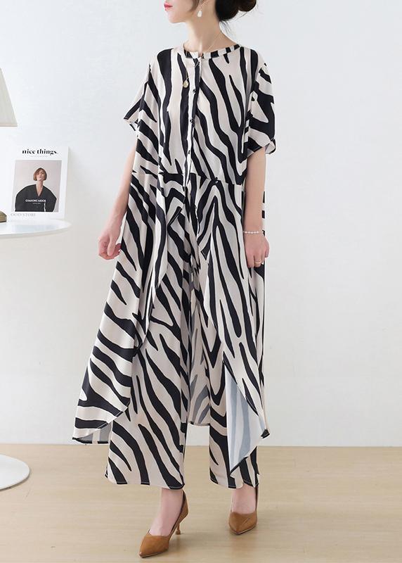 2021 Summer Suit Zebra Stripe Silk Wide Leg Pants Irregular Two Piece Set - Omychic