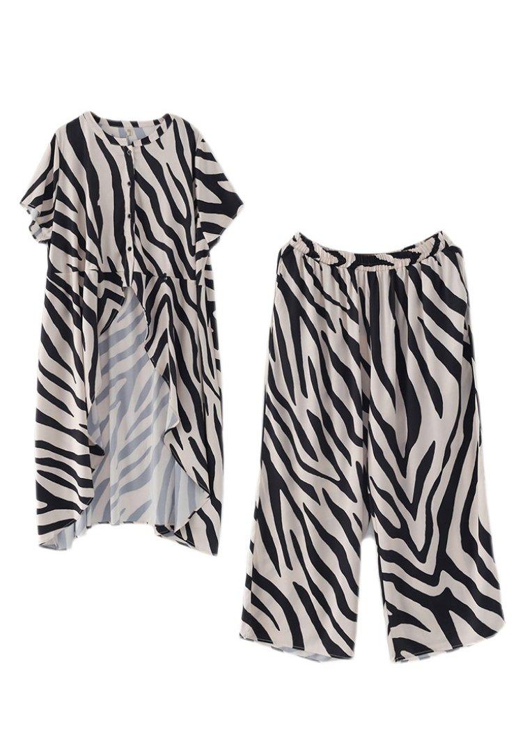 2021 Summer Suit Zebra Stripe Silk Wide Leg Pants Irregular Two Piece Set - Omychic