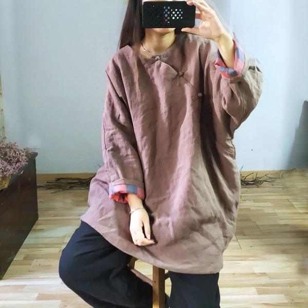 Women Chinese Style Linen Parkas Button Solid Color Warm Coats - Omychic