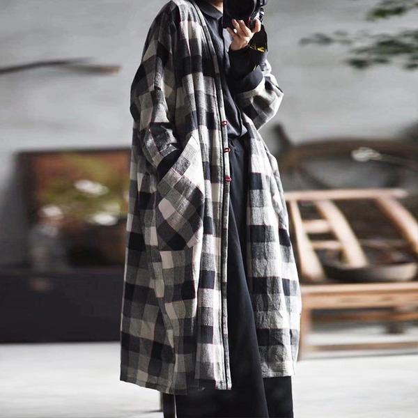 Women Cotton Linen Trench Vintage Coats Pockets Plaid Long Sleeve Casual Women Cloths V-neck Trench - Omychic