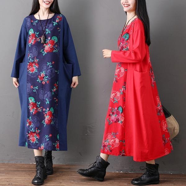 long sleeve cotton linen plus size vintage floral women casual loose spring autumn dress - Omychic