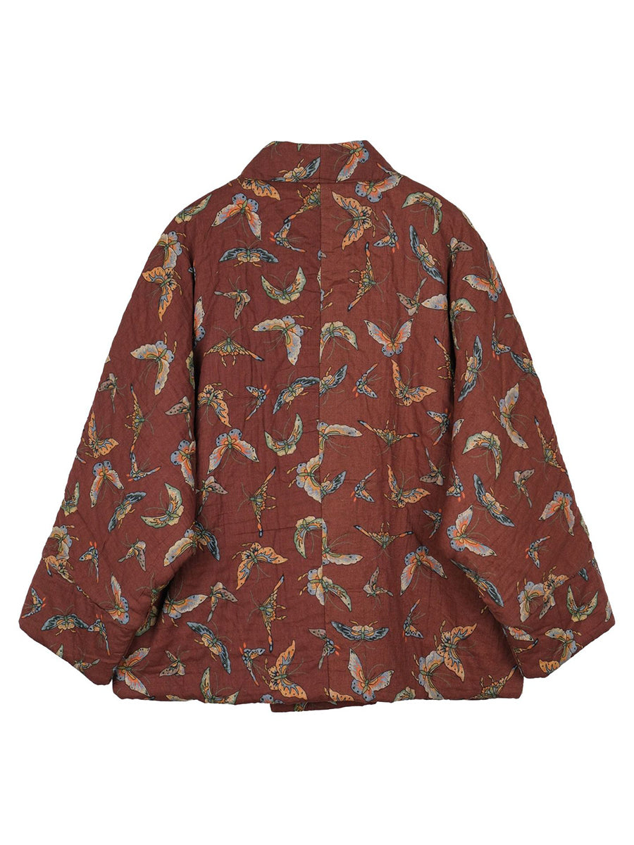 Women Vintage Butterfly Print Cotton Padded Coat