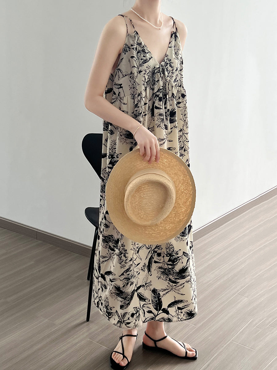 Summer Artsy Floral Ink-print Vest Dress