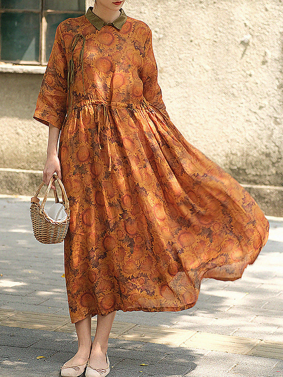 Women Summer Drawstring Print Loose Dress Half Sleeve