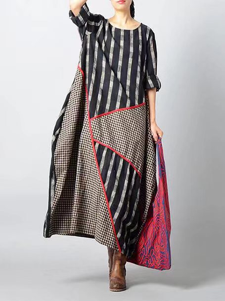 Retro Striped Plaid Spliced Irregular Cotton Linen Dress