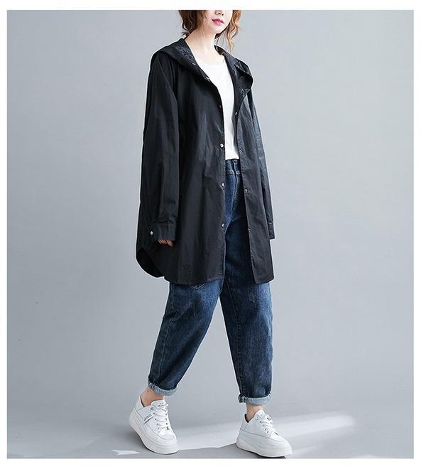 cotton plus size Oversized hooded vintage casual loose autumn spring trench coat - Omychic