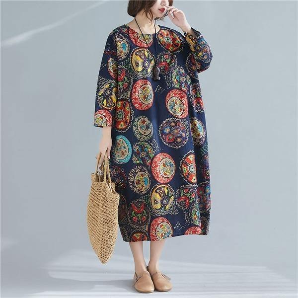 Oversized Women Cotton Linen Casual Dress O-neck Loose Female Long Dresses - Omychic