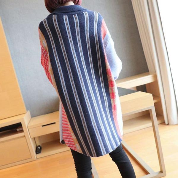 Fashion Knitting Stripe Sweater New  Turn-down Collar Single Breasted Trendy Loose Top - Omychic