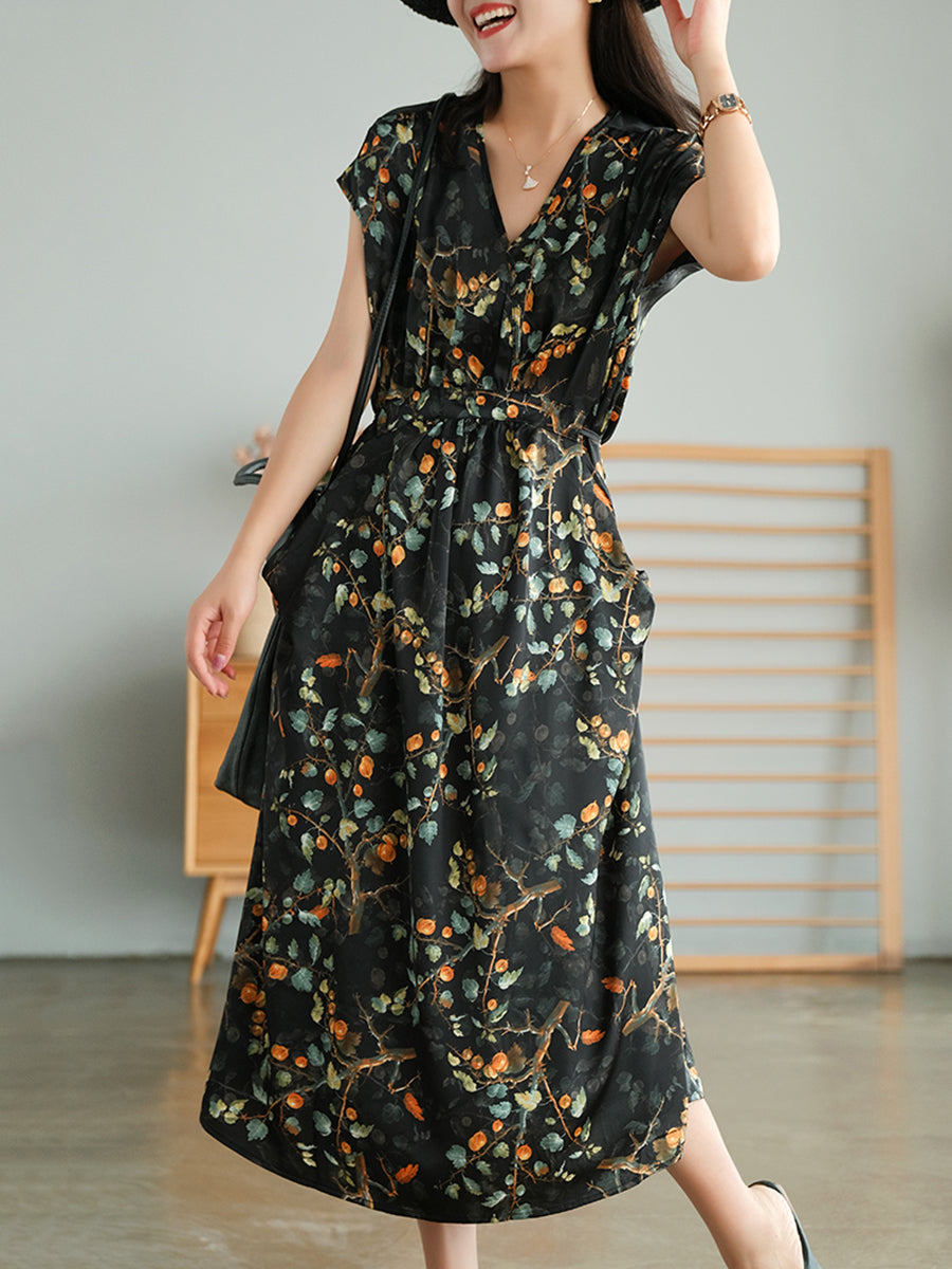 Vintage Floral Drawstring V-Neck Loose Dress