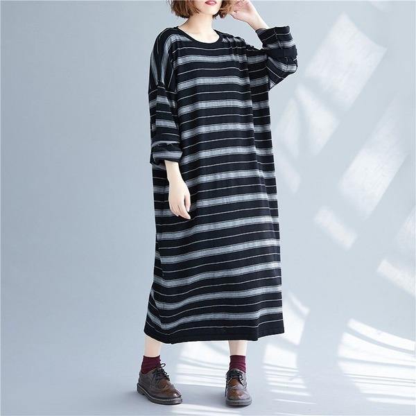 long sleeve knitted plus size vintage stripe women causal loose autumn winter Sweater dress - Omychic