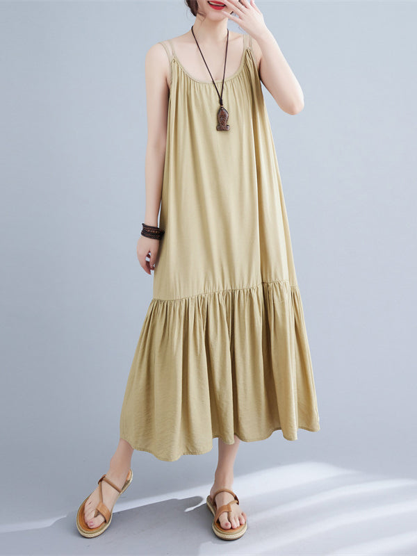 Pleated Solid Color Spaghetti-Neck Midi Dress