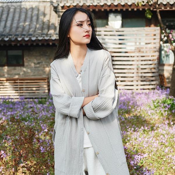 New Vintage Trench Cotton Linen Coats Button Women Cloths Pockets Chinese Style Solid Color Women Trench - Omychic