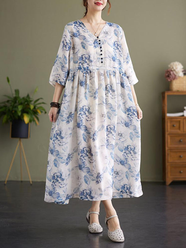 Loose Elasticity Floral Printed V-neck Midi Dress