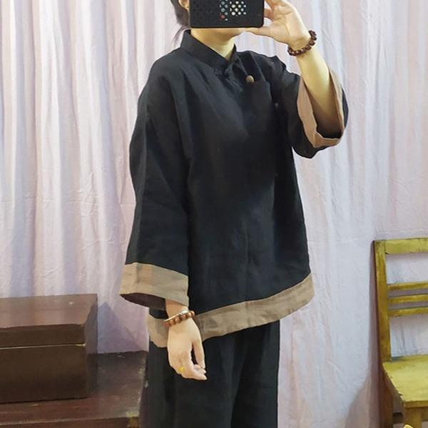 Women Autumn Black Vintage Shirts Linen Stand Long Sleeve Button Blouses - Omychic